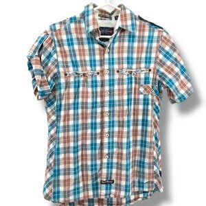 English Laundry People's Army Plaid Short Sleeve Shirt Men's S Cotton